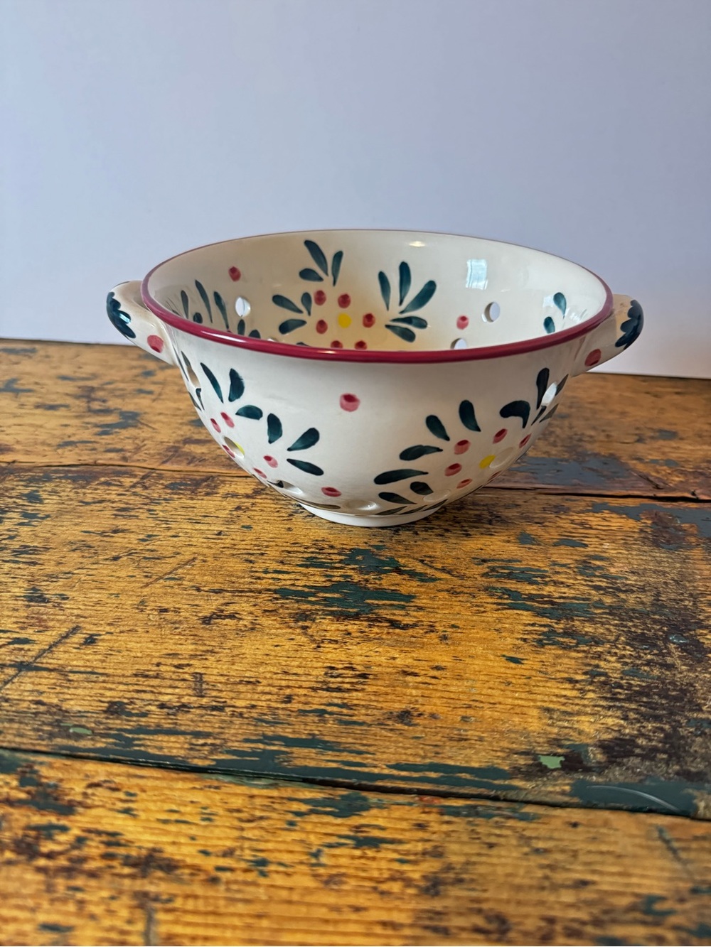 Hand-Painted Ceramic Berry Colander - Cream with Green & Red Floral Accents